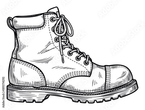 Detailed hand drawn sketch of a sturdy work boot with securely tied laces and a thick rugged sole, perfect for apparel, outdoor, or industrial safety themed projects.