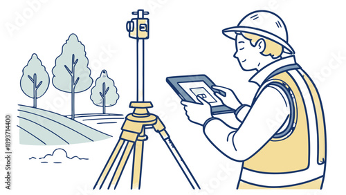 Land surveyor using total station on tripod in green park, A professional illustration of a land surveyor in a high-visibility vest operating a total station mounted on a tripod within a suburban