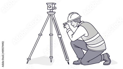 A professional vector silhouette and line art of a surveyor engineer wearing a hard hat and safety vest, kneeling while holding a GNSS GPS surveying pole for precise land mapping