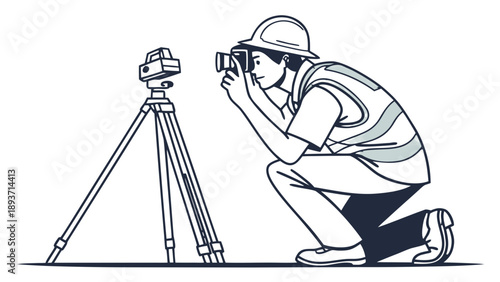 vector illustration featuring male land surveyors in safety gear, kneeling and operating theodolite equipment on tripods. One figure is a simple black outline, while the other features flat 