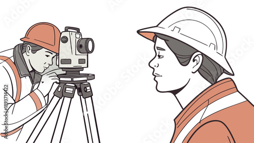 Surveyors Working with Total Station on Construction Site,  two land surveyors in safety gear operating an electronic total station on a tripod to record, GNSS GPS Pole vector
