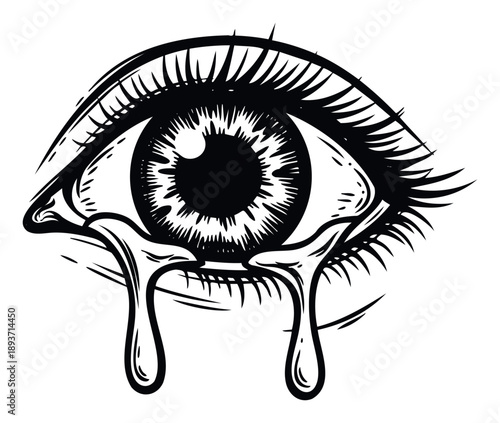 Stylized black and white drawing of a crying human eye with tears expressing deep sadness and emotional distress suitable for symbolic visual storytelling or graphic design projects