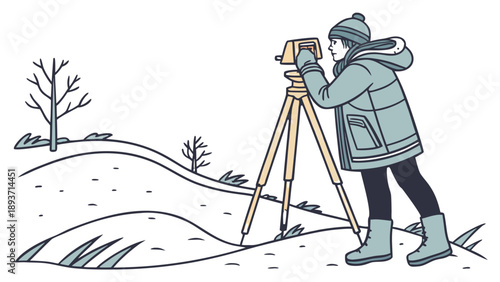Female surveyor using total station theodolite in winter landscape, A professional woman in winter gear operating a surveying instrument on a tripod in a outdoor environment, GNSS GPS Pole Vector 