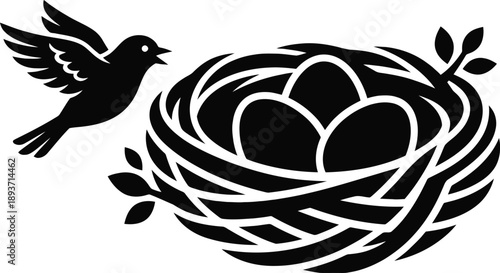  Bird Flying to Nest with Three Eggs Silhouette Vector – Wildlife Family Nature