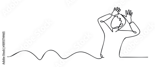 Continuous line drawing of a person experiencing stress or frustration with hands on their head, suitable for mental health awareness campaigns and emotional support graphics.