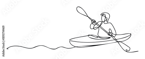 Dynamic single line drawing of an adventurous person enjoying kayaking on calm water, perfect for sports promotions, outdoor activity advertisements, or lifestyle blog headers