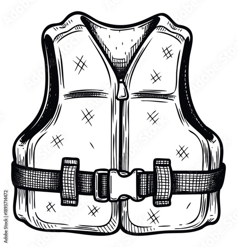 Black and white sketch of a life vest with a zipper and buckle, perfect for safety campaigns, water sports promotions, and adventure tourism marketing materials