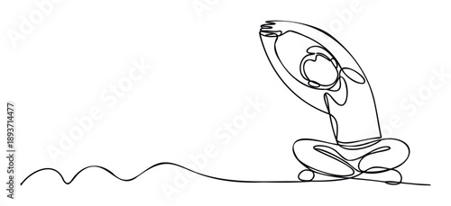 Single continuous line art depicting a serene figure performing a yoga exercise in a seated position, perfect for health, spirituality, or relaxation themed visual content.