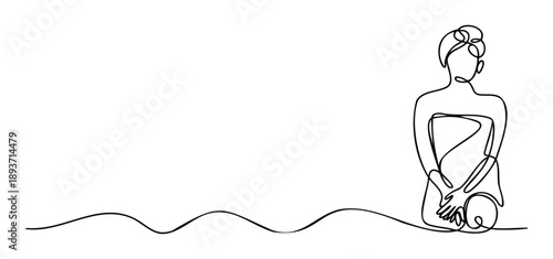 Minimalist one line drawing depicting a serene woman in a towel, embodying comfort and body positivity, ideal for beauty product packaging or health service promotions.