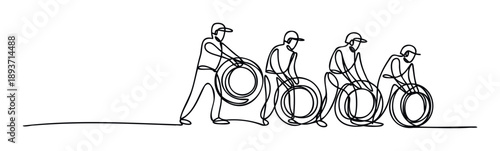 Minimalist one line drawing illustrating men engaged in physical labor, rolling large circular cables or hoses, perfect for depicting efficiency, workflow, and human effort in industrial