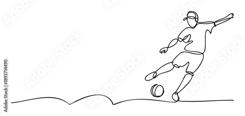 Continuous line drawing of a dynamic soccer player powerfully kicking a ball, perfect for sports event promotions, athletic activity graphics, and competitive event materials.
