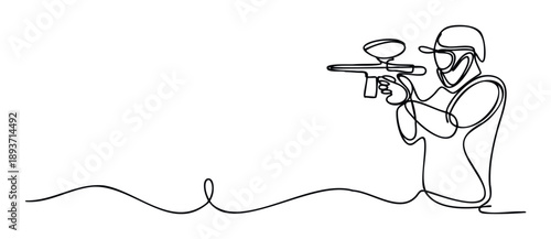 Energetic continuous line drawing depicting a paintball player aiming a marker, perfect for sports event promotions, activity advertisements, or entertainment graphics.