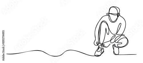Continuous line drawing depicting a figure wearing a cap, bending down to tie a shoe, symbolizing focus and readiness for physical activity themes.
