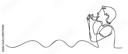Continuous line art depicting a person calling out with hands cupped around their mouth, symbolizing communication, announcement, or calling for attention, ideal for educational content or