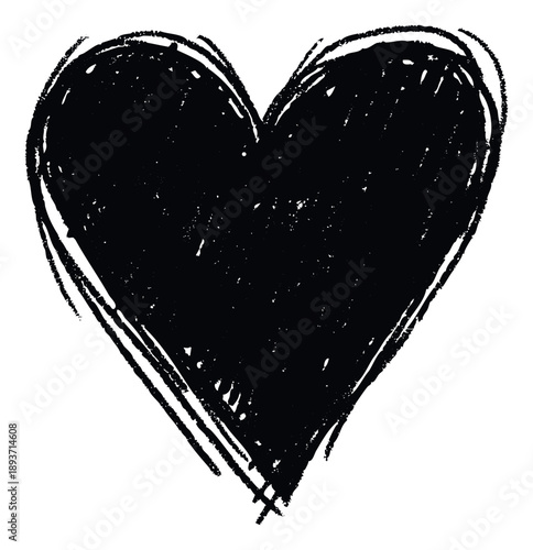 A textured black handdrawn heart symbol with a rough crayon or charcoal appearance, perfect for expressing love and emotion in various graphic projects, greeting materials, and social media