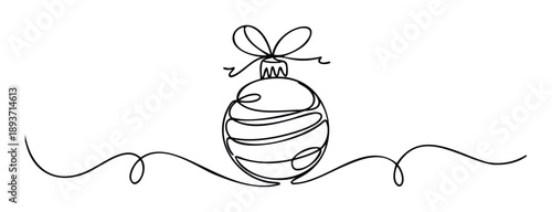 Minimalist single continuous line drawing of a Christmas ornament with a festive bow, perfect for holiday greetings, winter events, seasonal promotions, and celebratory decorations.