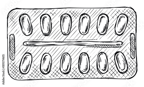 Hand drawn sketch of a pharmaceutical blister pack containing ten pills or capsules, perfect for healthcare, medicine, or wellness related educational materials and graphic presentations.