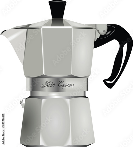 An isolated retro metal moka pot espresso machine on a white background for a hot morning caffeine beverage or Italian cafe breakfast