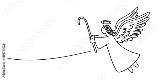 Simple line drawing of a flying angel with wings and a halo holding a shepherds crook perfect for religious holiday greetings or spiritual event invitations