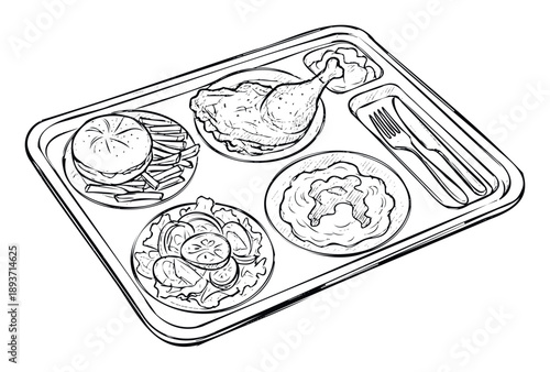 Hand drawn sketch of a full meal tray featuring a hamburger, fries, chicken leg, salad, mashed potatoes, and cutlery, perfect for food service menus, diet planning, or catering promotions.