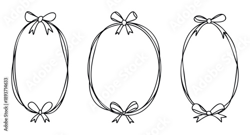 Elegant handdrawn oval frames with delicate bows ideal for wedding invitations, baby shower announcements, greeting messages, or decorative graphic design projects.