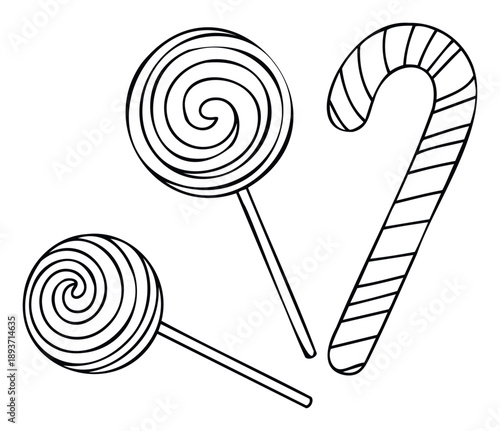 Black and white outline drawing of delicious spiral lollipops and a striped candy cane, perfect for holiday season branding, childrens coloring books, or sweet shop menu decorations.