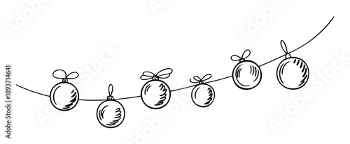 A charming string of handdrawn Christmas ornaments creates a festive atmosphere, perfect for seasonal greetings, holiday event invitations, or winter celebration graphics.