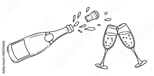 Celebratory black outline drawing of a champagne bottle popping its cork with two clinking flutes filled with sparkling wine, ideal for party invitations or festive greeting cards.