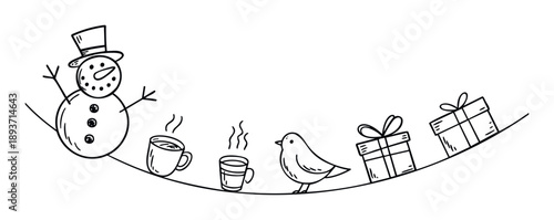 Festive handdrawn winter holiday elements including a snowman, hot drinks, a bird, and presents arranged in a cheerful line, perfect for seasonal greetings and promotional material.
