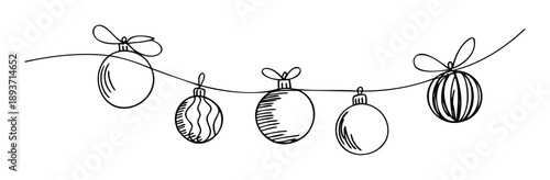 Simple black line art of a festive garland featuring assorted Christmas balls and bows, excellent for adding a touch of holiday spirit to websites, prints, or seasonal product packaging.