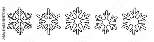 Set of diverse geometric snowflake outlines representing frosty winter weather and holiday season for various seasonal decorations and graphic design projects