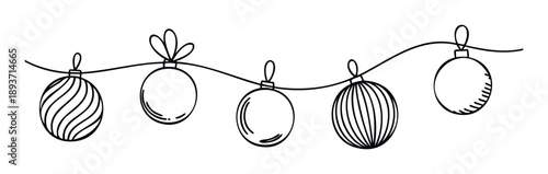 Handdrawn Christmas ornaments hanging on a string create a festive garland perfect for holiday greeting cards winter celebration decorations or seasonal party invitations