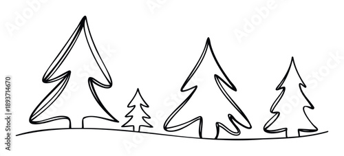 Simple continuous line drawing featuring stylized pine trees forming a charming forest scene perfect for holiday greeting cards, winter invitations, or seasonal graphic decor projects