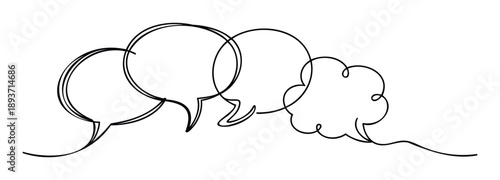 Continuous line drawing of multiple interconnected speech and thought bubbles symbolizing communication, dialogue, brainstorming, or discussion, ideal for business presentations,