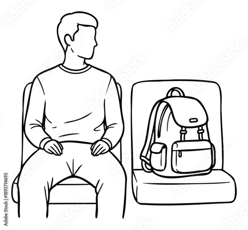Adult man comfortably seated on a public transport chair next to his personal backpack, ideal for illustrating solo travel, daily commuting, and respecting passenger space during journeys.