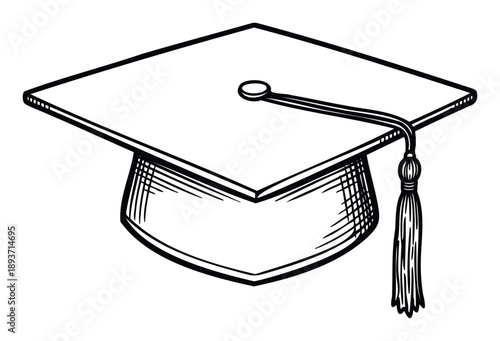 Simple black outline drawing of a classic graduation cap with a tassel representing academic achievement and educational milestones for school or university events.