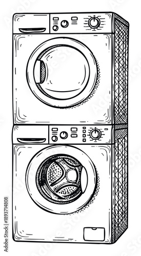 Hand drawn stacked laundry appliances featuring a dryer and washing machine, perfect for household chores or home renovation themed projects