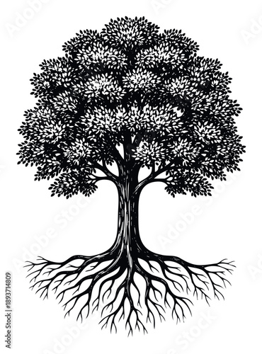 Black and white tree with deep spreading roots and a full canopy of abundant leaves symbolizing life, growth, and natural strength, useful for environmental projects, emblems, and logos