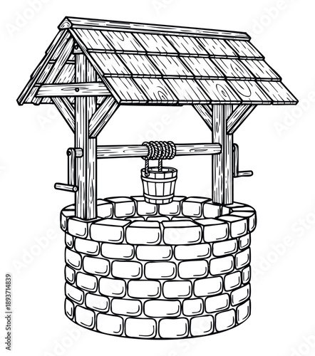 Traditional black and white drawing of an oldfashioned water well with a wooden roof and stone base, perfect for historical presentations, folklore books, or rural themed graphic resources.