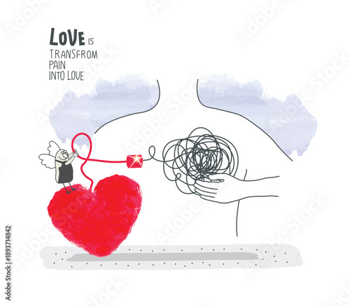 Vector cartoon sketch of Angels who transform destruction into love. Angels advise that transformation of pain is possible with love.Self-Love, Mental Health, and positive Psychotherapy. Concept of ca