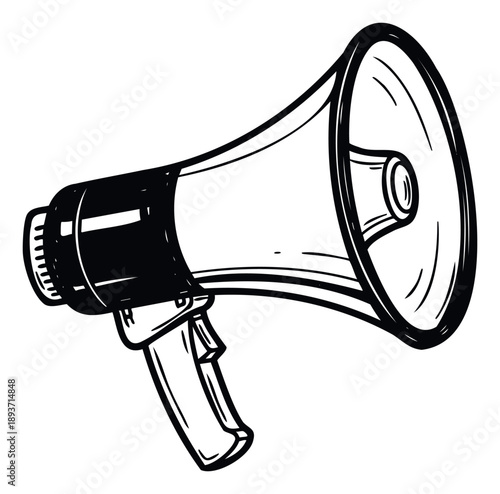 Dynamic black and white hand drawn megaphone conveying strong communication and protest messages for various social media campaigns and event announcements