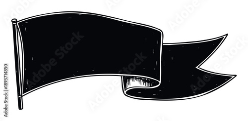 Hand drawn black flag banner with a vintage doodle style outline for graphic designers to use as a decorative element, title scroll, or announcement tag