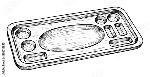 Sketchy handdrawn empty organizing tray featuring multiple compartments with diverse shapes, perfect for functional storage, serving, or display in kitchen and home settings.