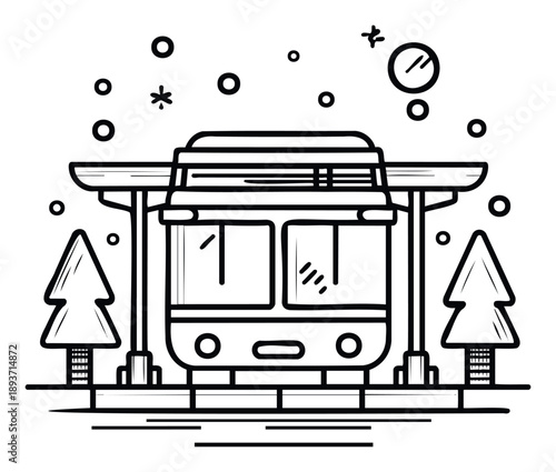 Simple line drawing depicting a charming tram or streetcar waiting at a platform stop with stylized pine trees, ideal for transportationthemed projects and casual graphic usage.