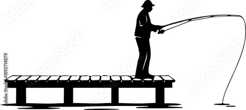 A silhouette of a man fishing on a dock with a fishing rod on transparent background