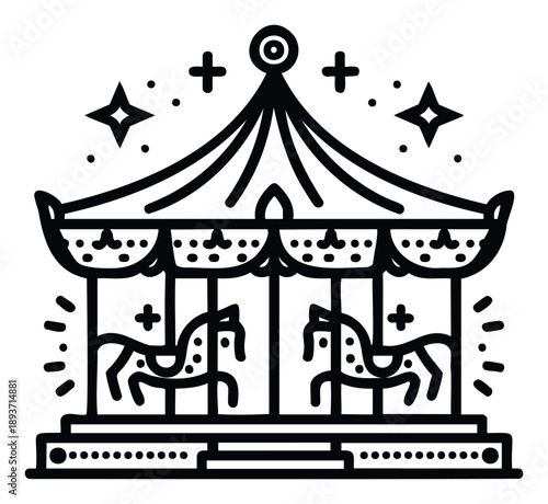 A classic amusement park carousel featuring whimsical horses and a festive striped tent, perfect for childrens entertainment themes, funfair event promotions, or nostalgic holiday season