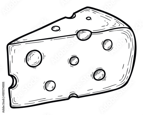 Monochrome hand drawn style depiction of a savory cheese wedge featuring characteristic holes, ideal for culinary publications, cooking blogs, and food service branding materials.