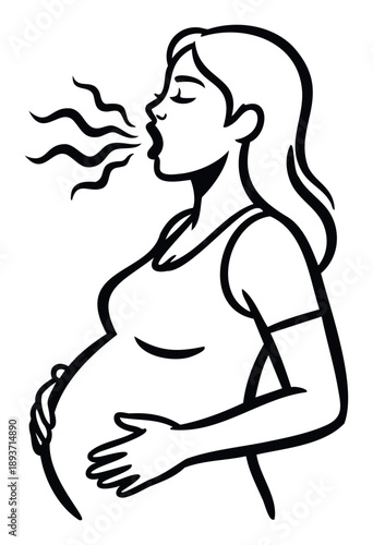 Pregnant woman exhaling deeply or breathing during labor pain, an expressive visual for maternity healthcare resources and prenatal education materials