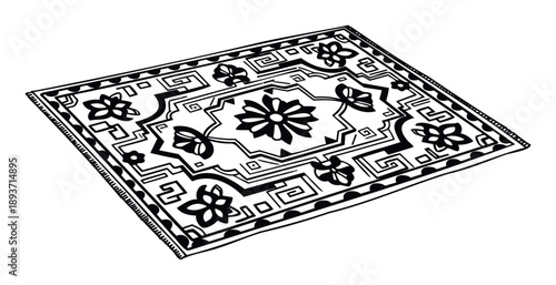 Stylized monochrome rug featuring traditional floral and intricate geometric patterns, ideal for home interior projects, graphic design resources, and cultural heritage display applications.