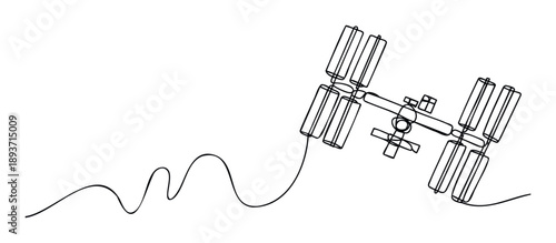 Continuous line drawing of the International Space Station with a wavy connecting line, perfect for showcasing global technology, space exploration, or abstract scientific themes